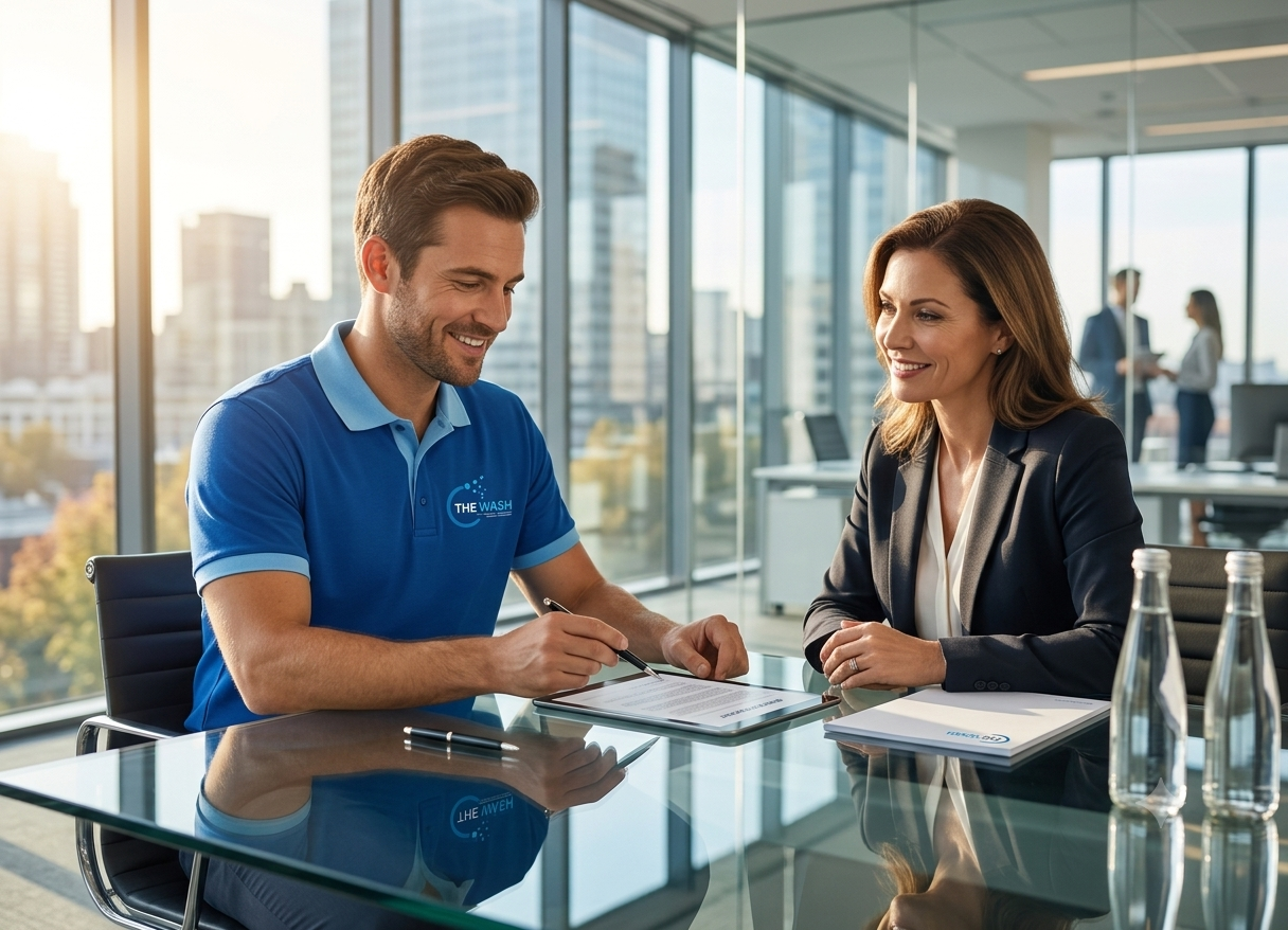 A branded The Wash team member agreeing a contract with a hospitality client across a boardroom table