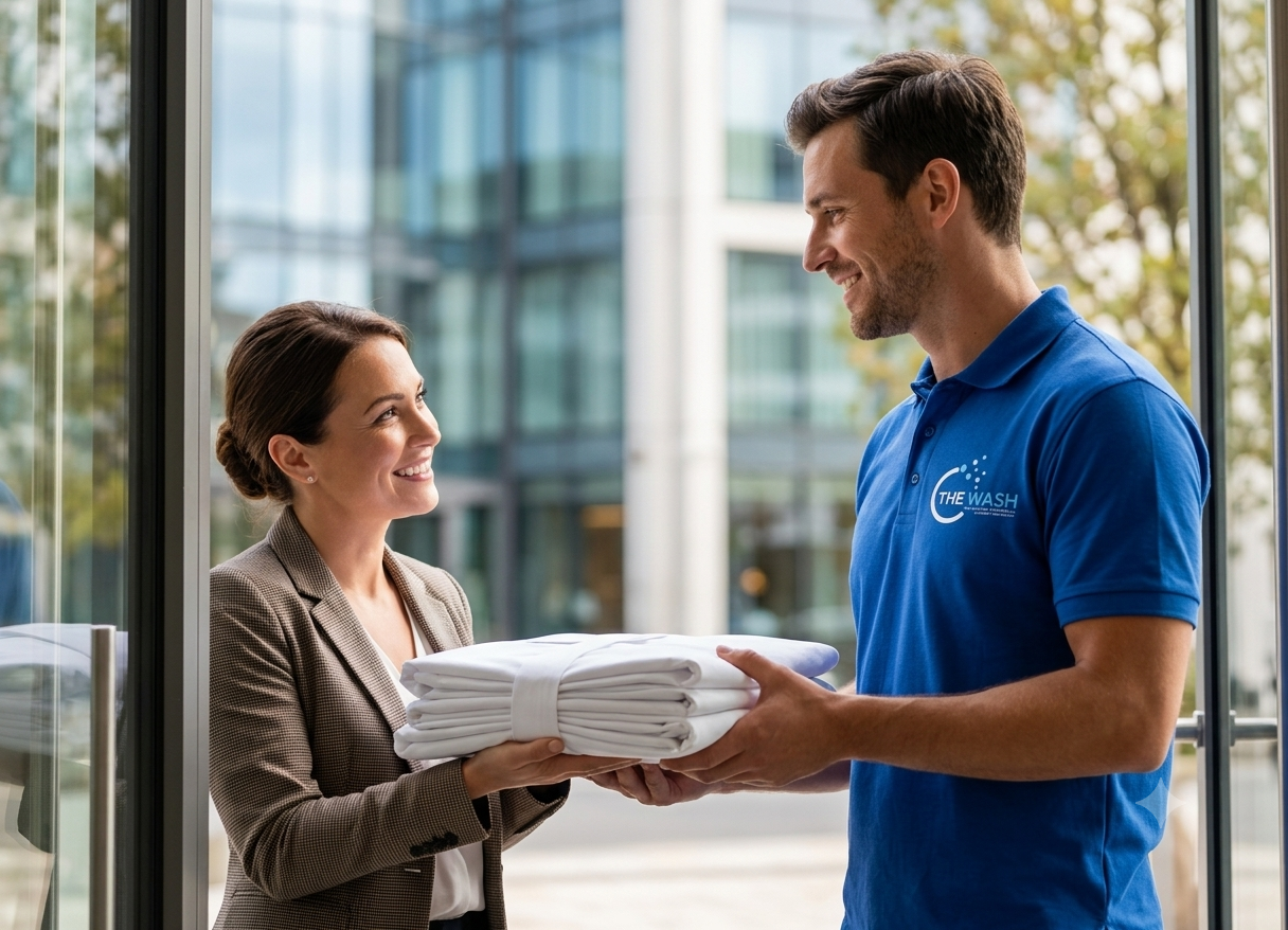 A branded The Wash driver handing a stack of fresh, folded linen to a hotel client