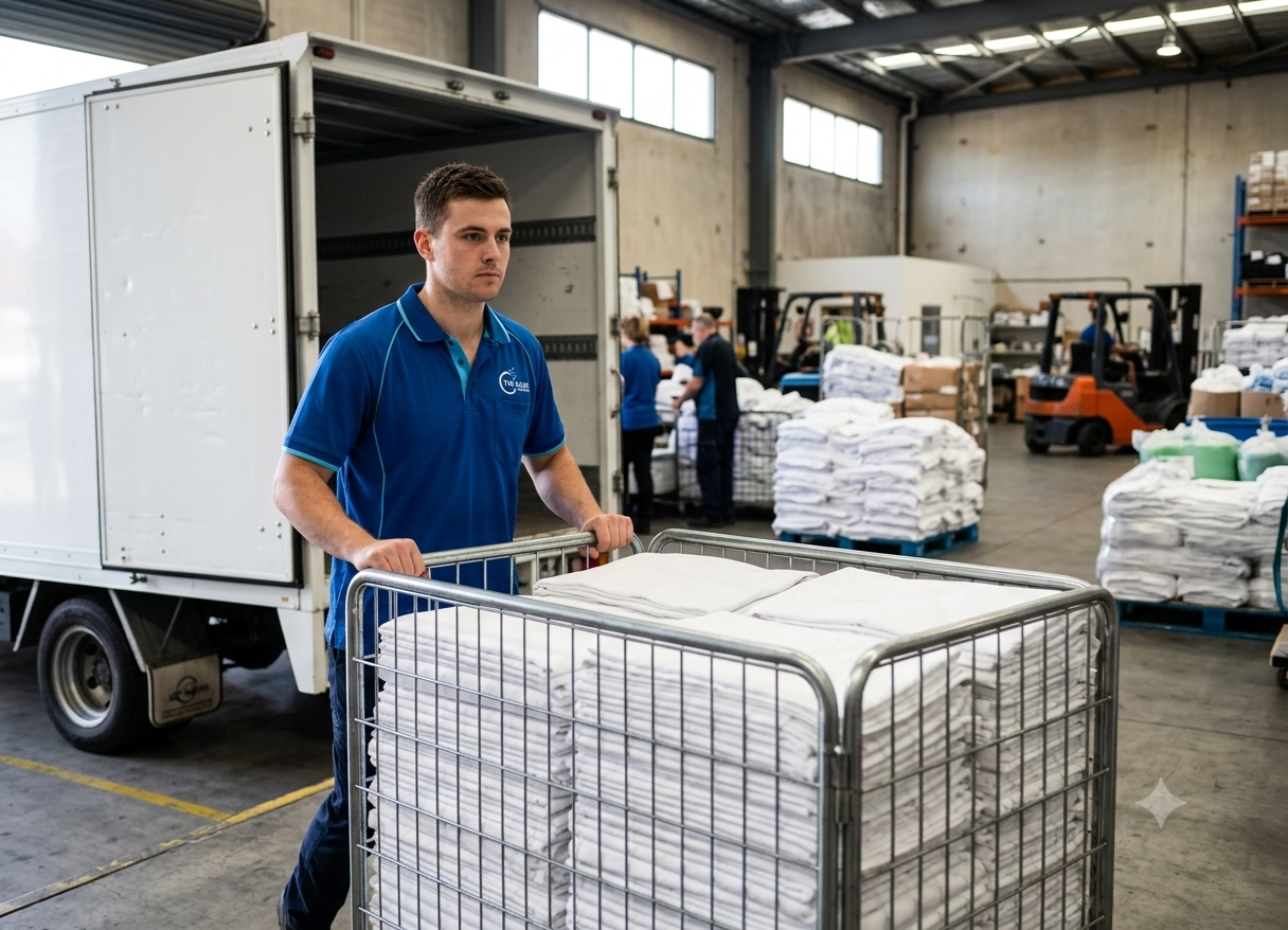 A branded The Wash team member moving a cage of fresh linen to the delivery van at the facility
