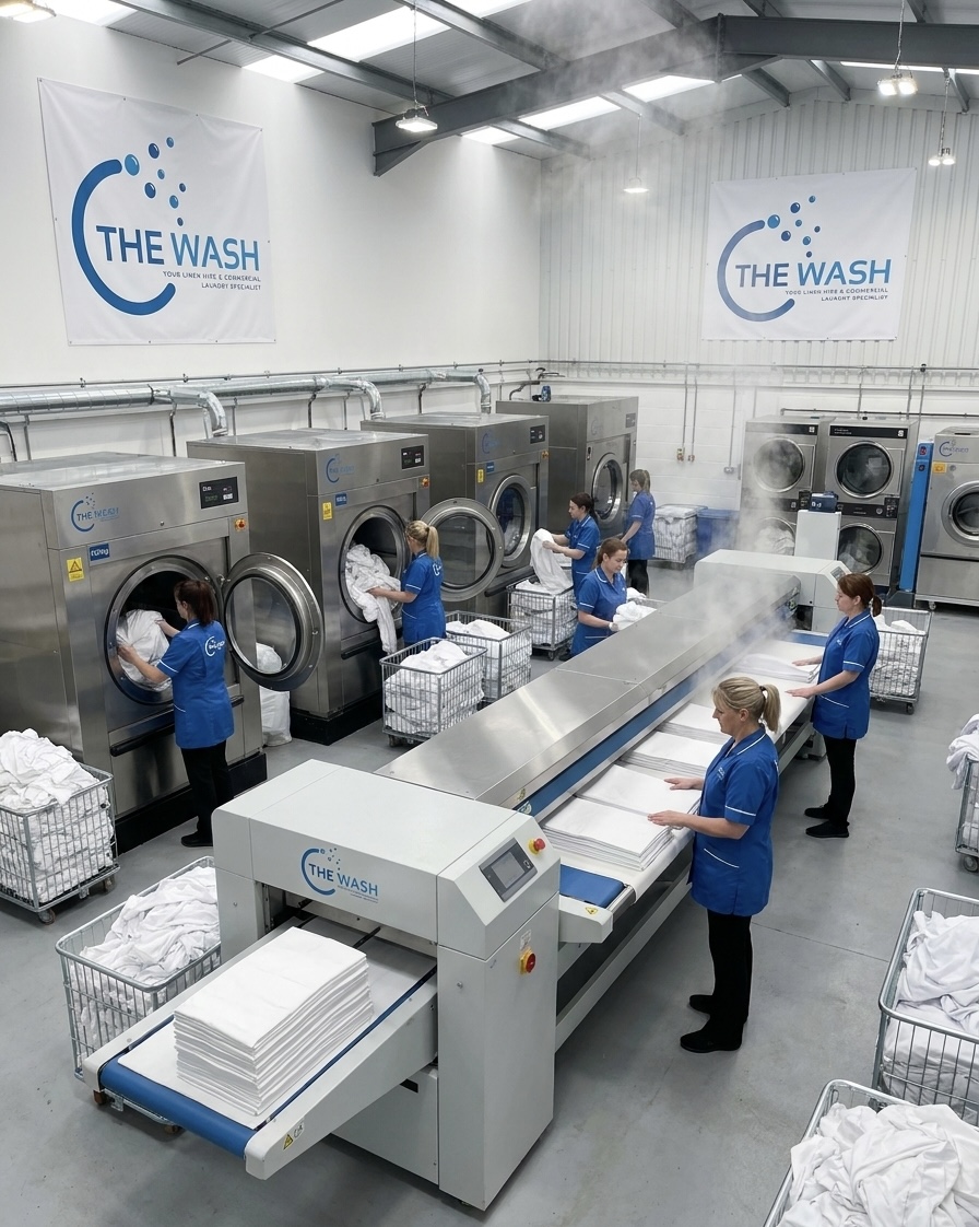 The Wash commercial laundry floor — branded machines, staff feeding linen through the ironer line