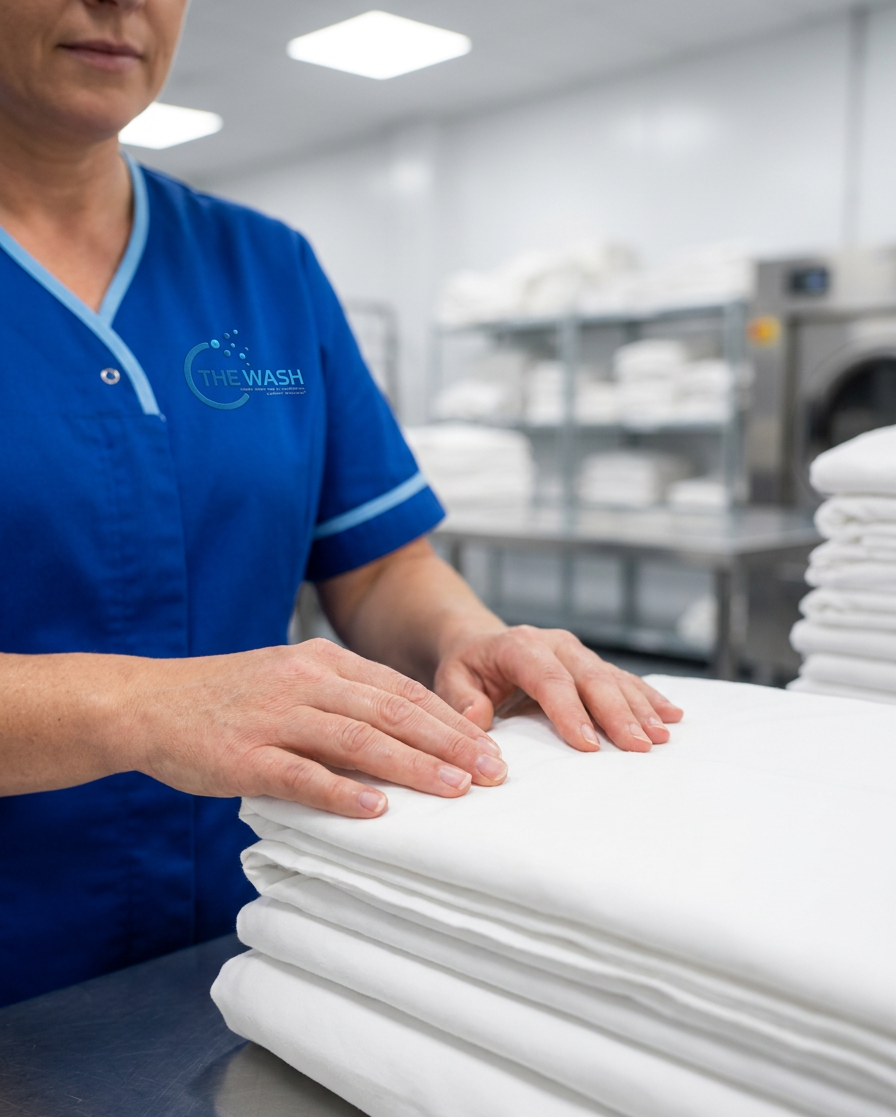 A branded The Wash team member folding fresh, hygienically-laundered white sheets in the clean room