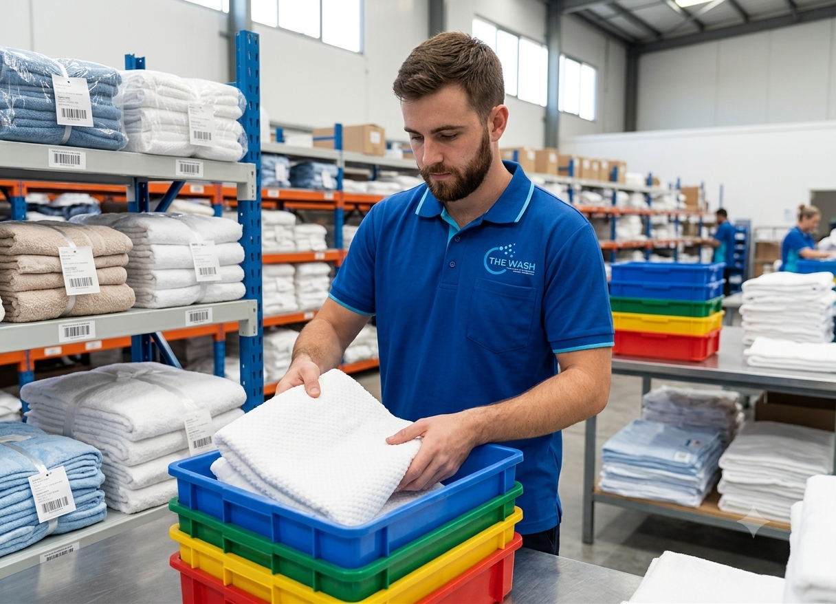 A branded The Wash team member checking hire linen stock on warehouse shelves and colour-coded crates