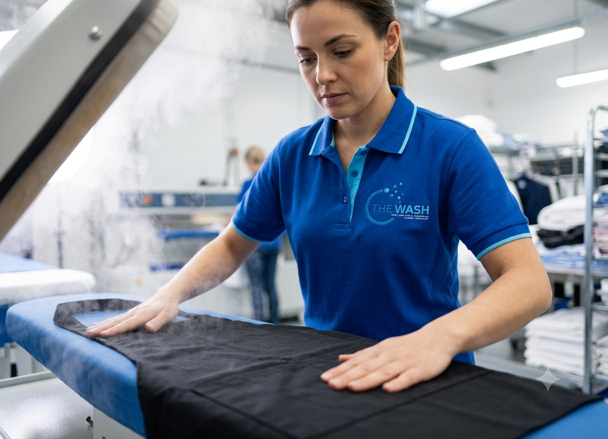 A branded The Wash team member pressing linen at the finishing station