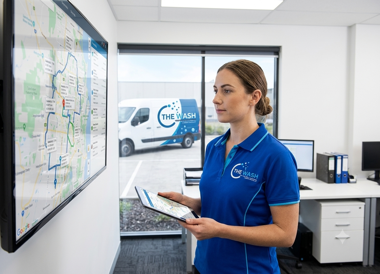 A branded The Wash team member reviewing live delivery routes on a wall dashboard, tablet in hand, with a company van outside