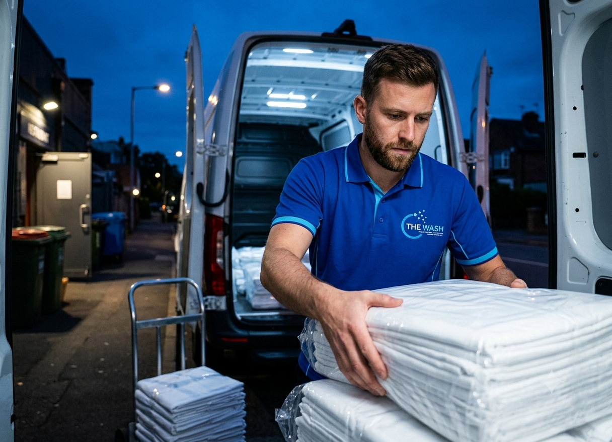 A branded The Wash driver loading packs of fresh linen into the delivery van at dusk