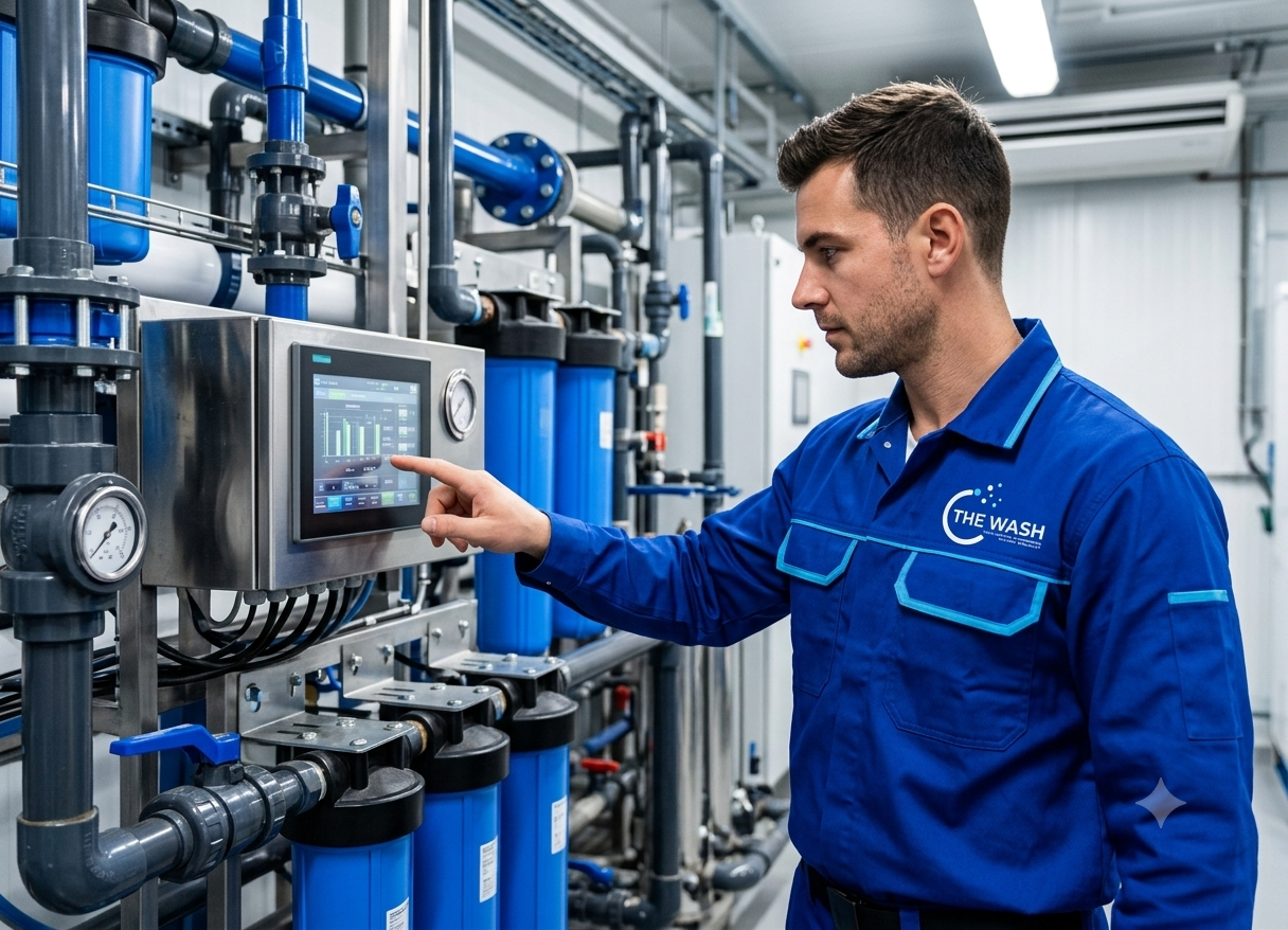 A branded The Wash technician monitoring the water treatment and reclamation plant that supports hygienic, thermally-controlled washing